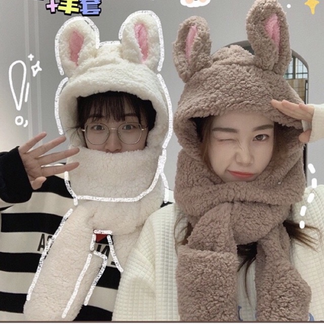 Bộ khăn kèm mũ, găng tay hình gấu thỏ cute nhiều màu/ sưt khăn mũ 3 in 1