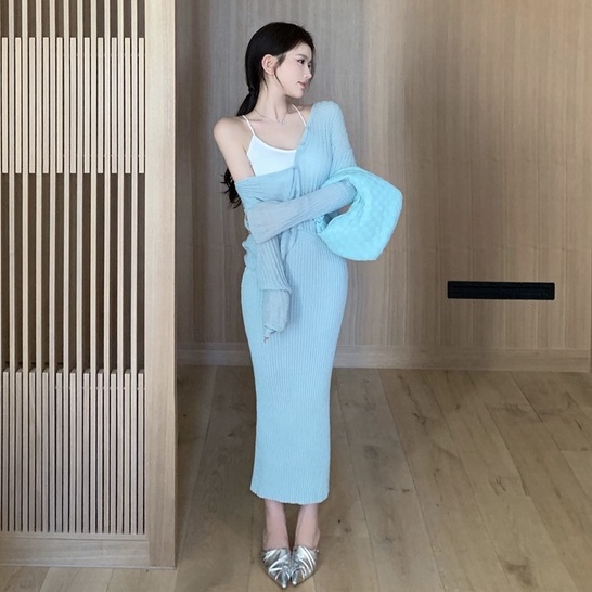Bộ Áo Khoác Cardigan Dài Tay Chống Nắng Dáng Rộng + Chân Váy Eo Cao Thời Trang Mùa Thu Phong Cách Hàn Quốc Cho Nữ