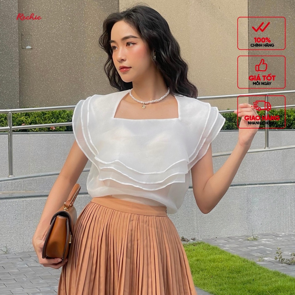 RECHIC Áo Kiểu Oriana cổ vuông kiểu bèo tầng choàng vai chất voan Hàn dễ thương xinh xắn