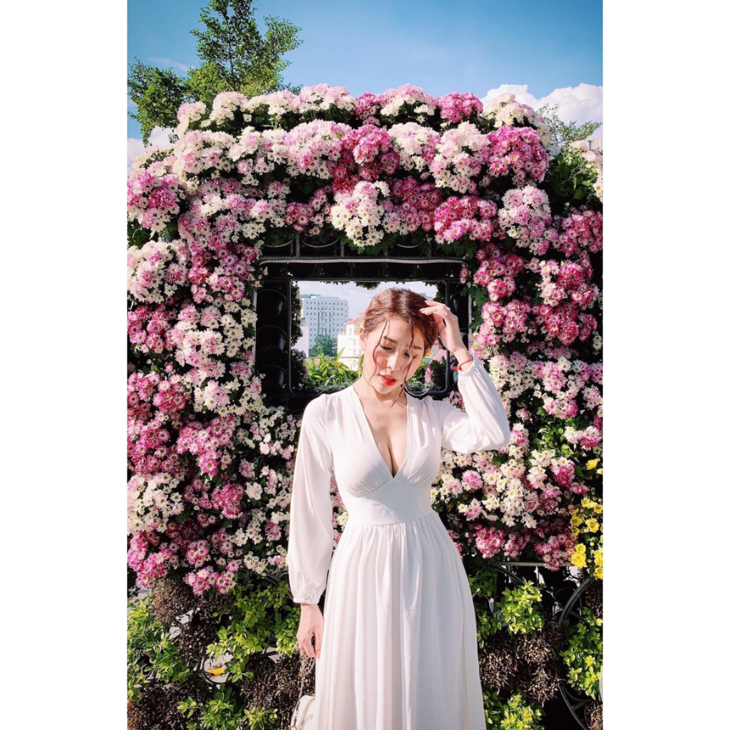 Đầm maxi trắng tay dài bản eo sang trọng - Kèm video | BigBuy360 - bigbuy360.vn