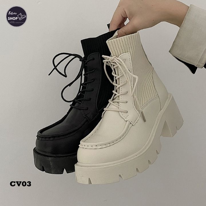 [Hàng Sẵn] [Ảnh Thật] [Freeship] Giày Bốt Nữ Cổ Vừa Phối Thun Nữ Tính - CV03