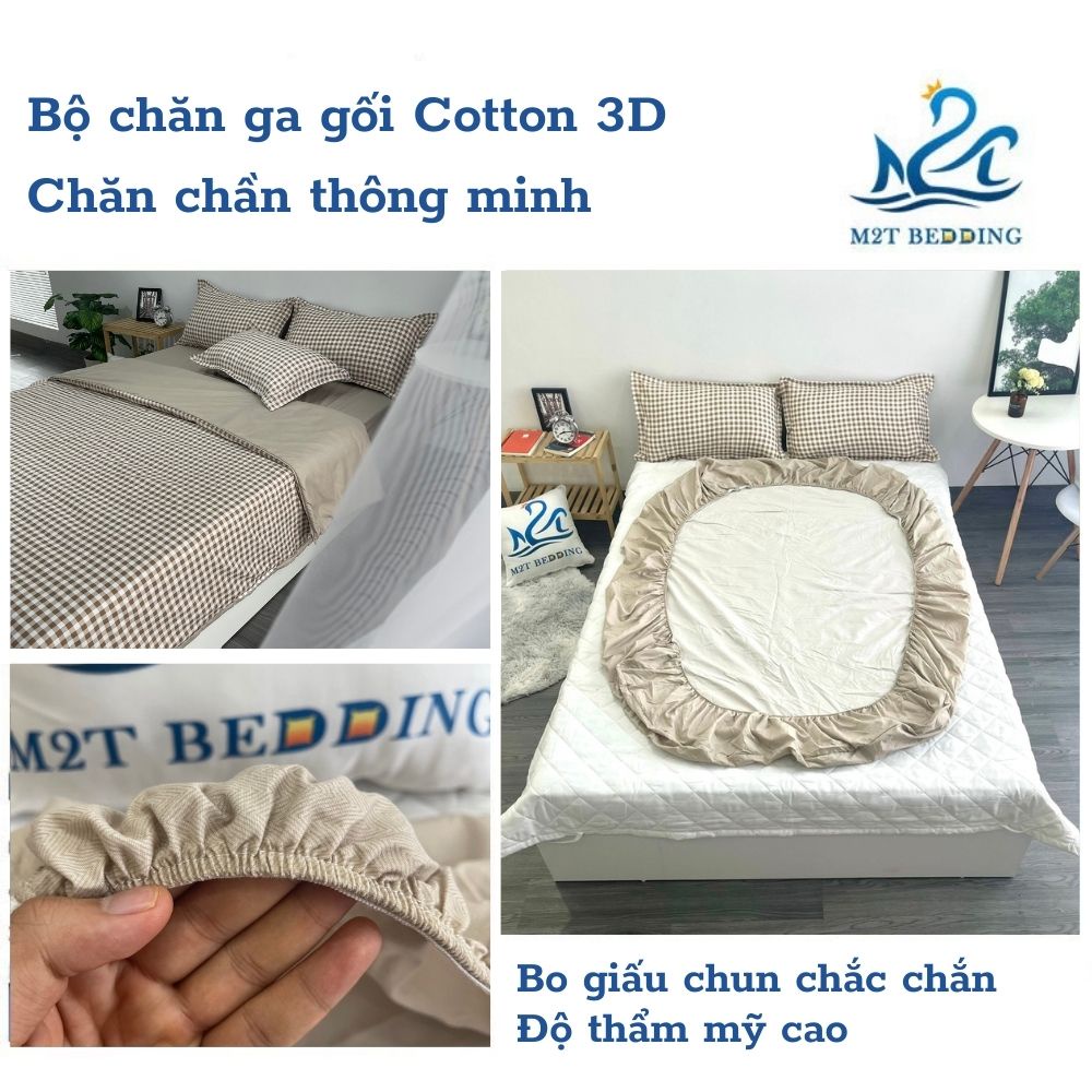 Bộ chăn ga gối Cotton 3D M2T BEDDIND Luxury chăn chần bông thông minh drap giường - CTM Caro nâu be