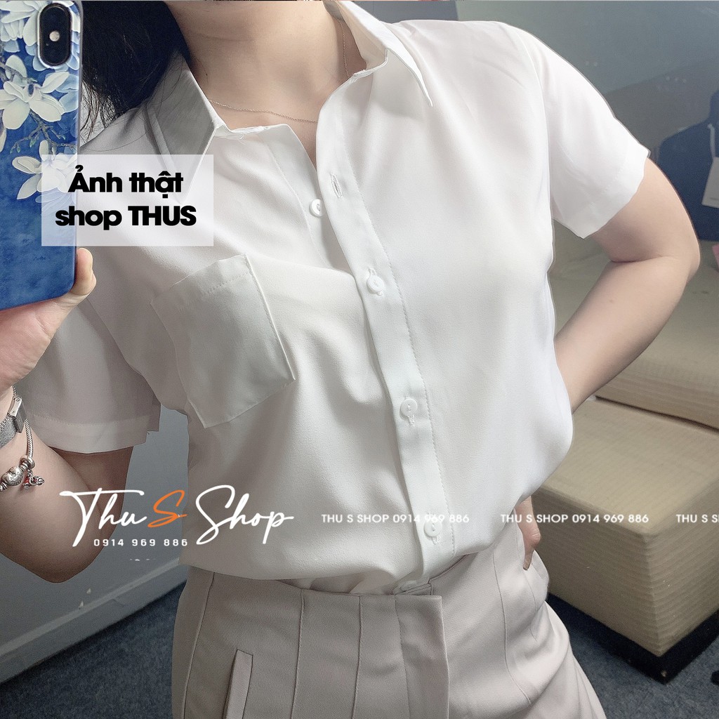 Áo sơ mi nữ ngắn tay BIGSIZE form rộng, Aó trắng công sở vải suông mềm không nhăn THUS501