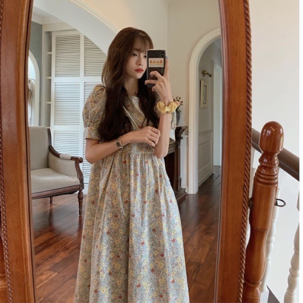 Váy babydoll hoa marry kiểu mới dáng tiểu thư, đầm hoa vintage cộc tay có thắt nơ eo, đầm nữ dự tiệc dáng đẹp -CKV9005