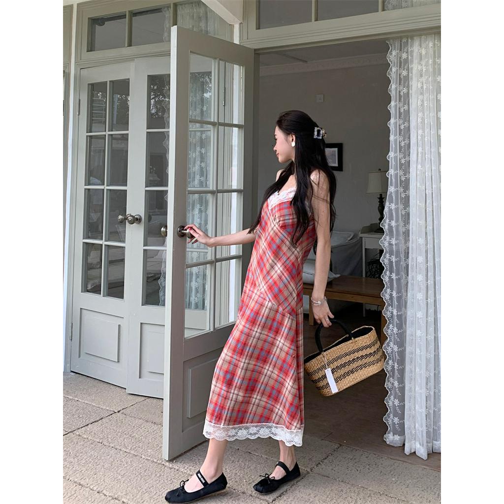 Đầm Dài Hai Dây Phối Ren Họa Tiết Sọc Caro Thời Trang Mùa Hè Cho Nữ