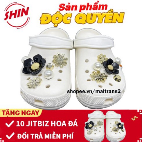 dép Cross họa tiết trắng mẫu độc quyền  tặng 10 jibitz Cross cao cấp clasic mẫu hoa đá