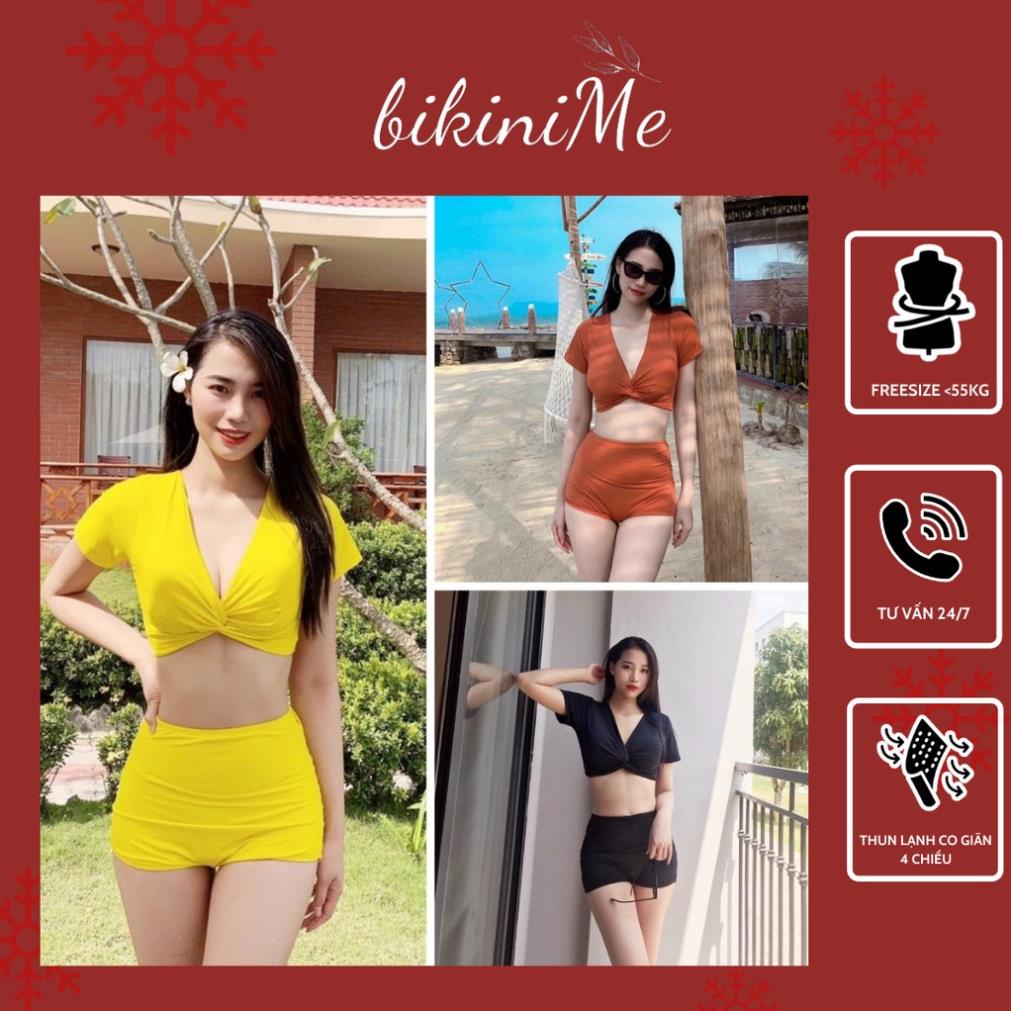 Bikini Đồ Bơi Nữ Hai Mảnh Quần Đùi Cạp Cao Áo Croptop Xoắn Bụng Đen/ Cam/ Vàng R4 *