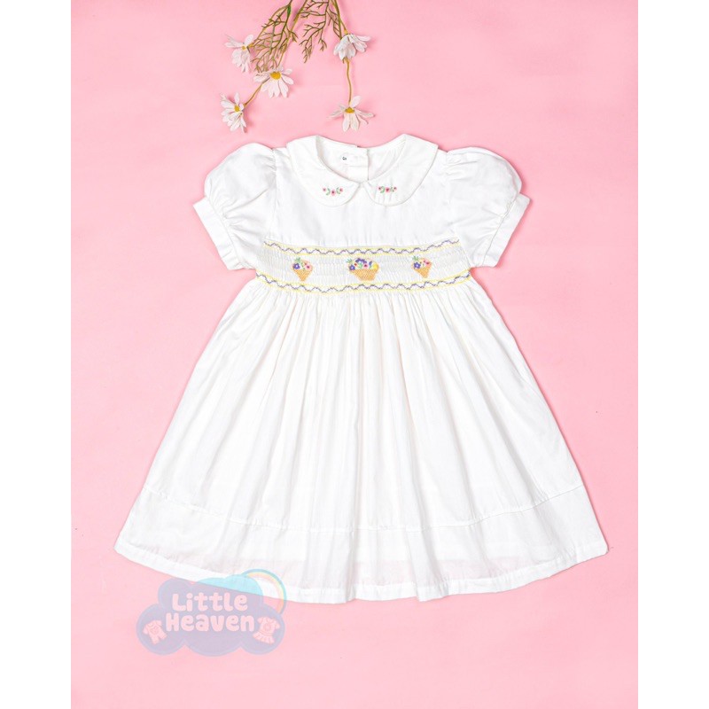 Đầm móc xích trắng / white smocked dress for baby girl / bé gái cổ sen thêu hoa - CT0103