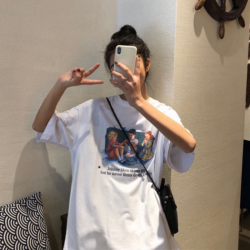 Áo thun tay ngắn cổ tròn dáng rộng in họa tiết phong cách mùa hè Hàn Quốc trẻ trung cho nữ