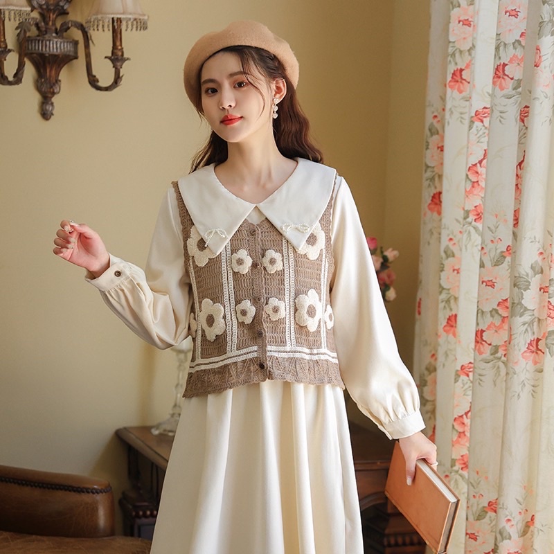 Áo Gile Len Đan Lưới Hoạ Tiết Hoa Mẫu Đơn Phong Cách Retro Elegance