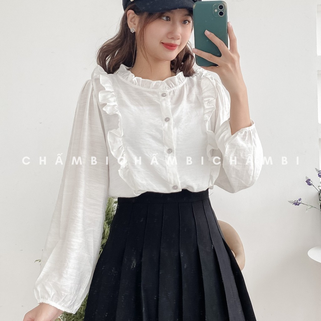 Áo Sơ Mi Đũi Cổ V Tay Bo Chun Bèo Ngực Cực Xinh Freesize - A.116