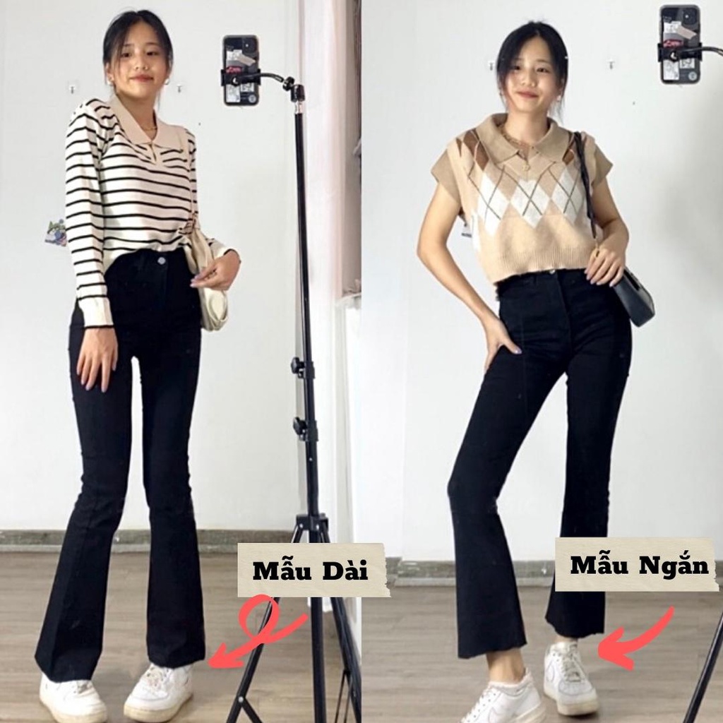 Quần jean ống loe vừa 9 tấc lưng cao KYUBI, quần bò ống loe dáng lỡ ngắn jean co dãn 4 chiều cao cấp dày dặn - BJR68N