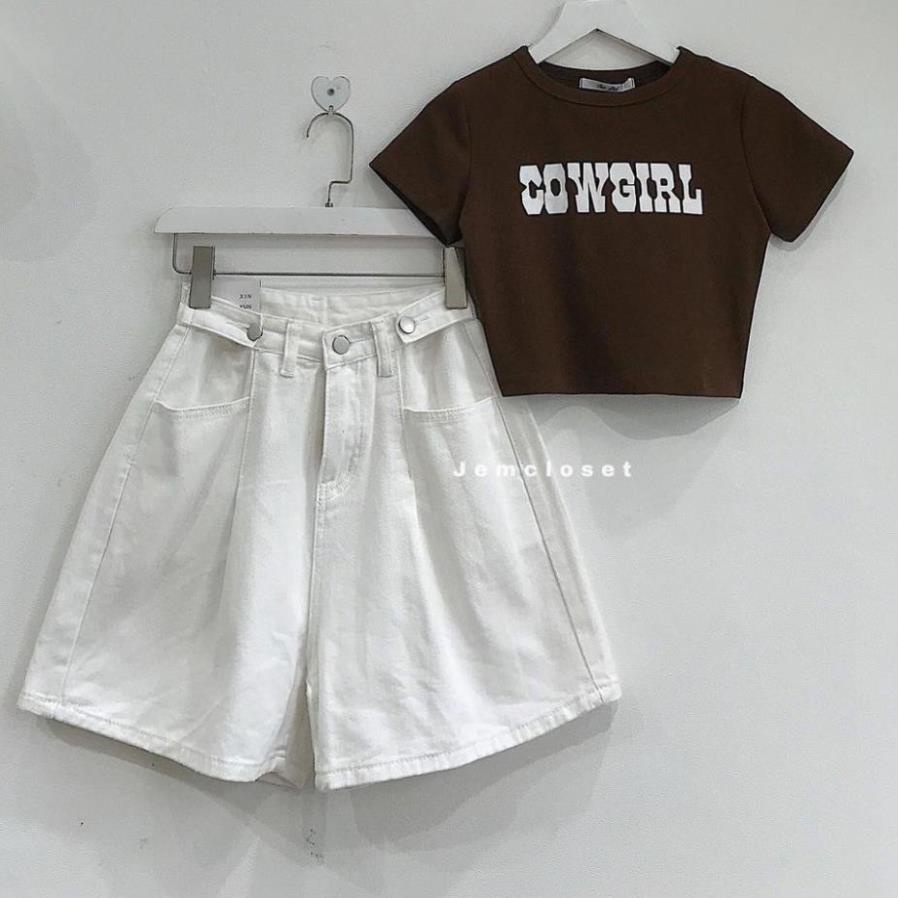 Quần Short Jean Nữ UNHA Nút Eo Ống Rộng Màu Trắng Năng Động Thỏa Mái - 2708 ( Jem closet )