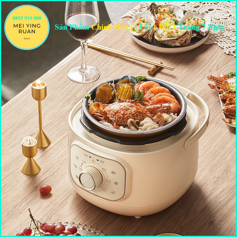 Nồi áp suất điện mini BEAR 2L màu trắng cho 1-2 người bảo hành 12 tháng