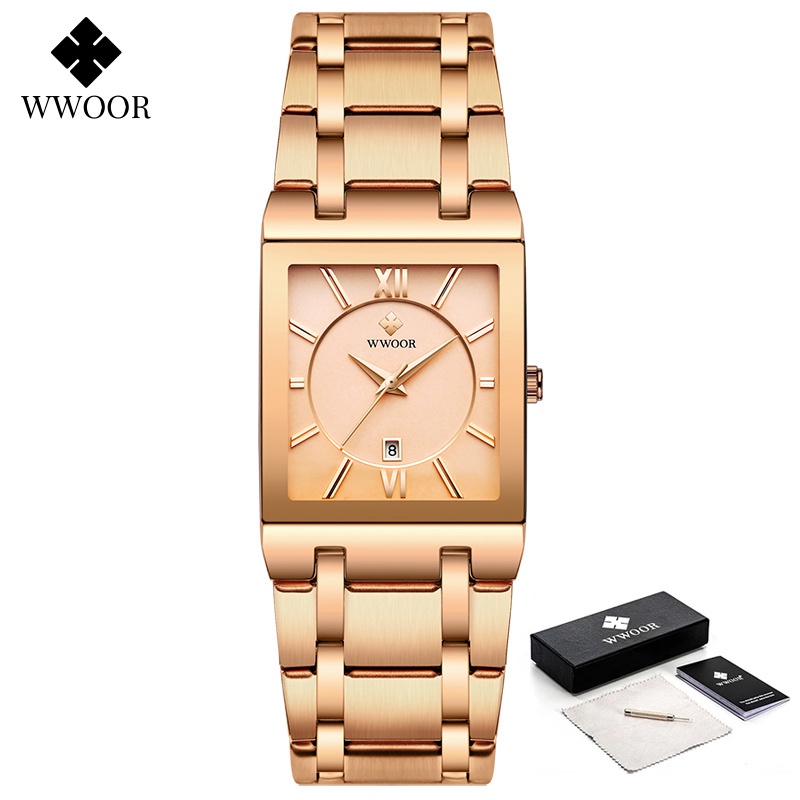 Wwoor Mới Đồng Hồ Nữ Mạ Vàng Hồng Thiết Kế Dáng Vuông Sang Trọng Montre Femme-8858
