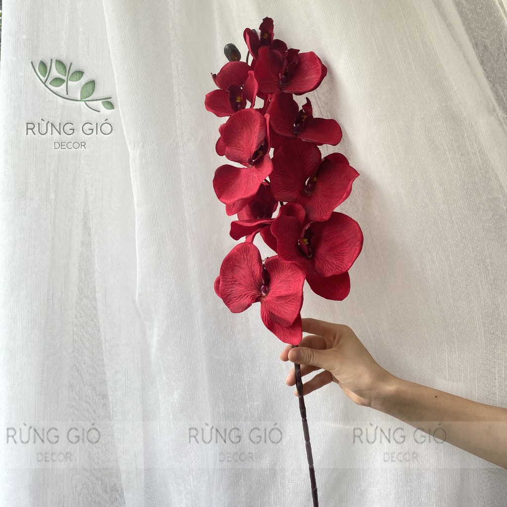 1 Cành Hoa Lan Hồ Điệp MÀU ĐỎ 10 bông to, dài 92cm, hoa lụa decor cao cấp, không kèm lọ