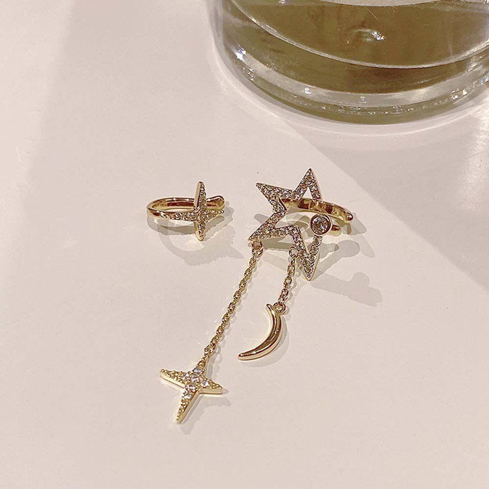 Khuyên Kẹp Vành Tai Hình Mặt Trăng/Ngôi Sao Đính Đá Zircon Dạng Kẹp Không Xỏ|Khuyên Tai Phong Cách Hàn Quốc
