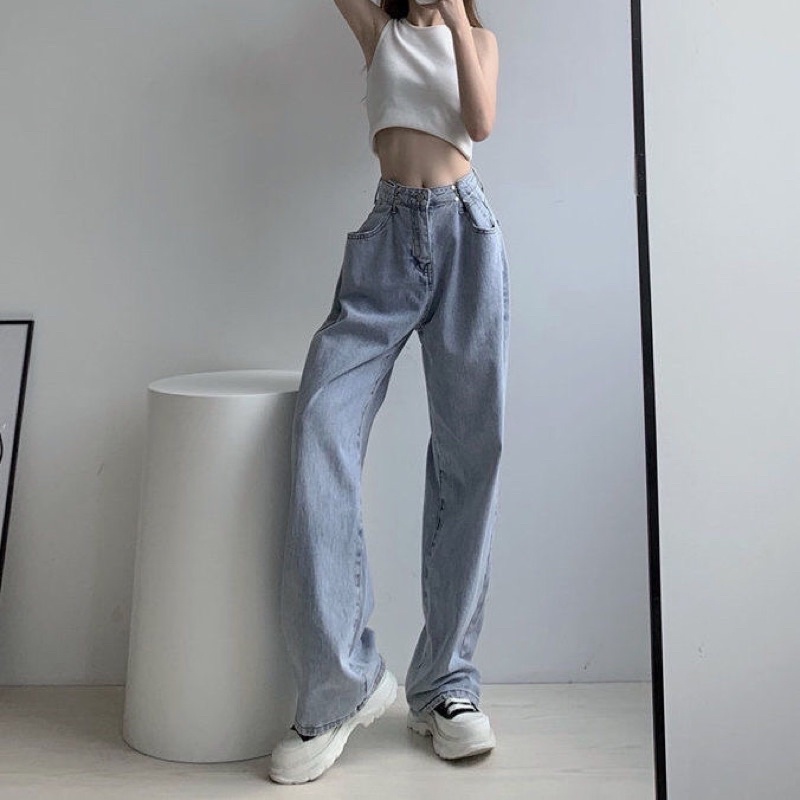 Quần Jeans có cài eo không co giãn ống rộng Meisy