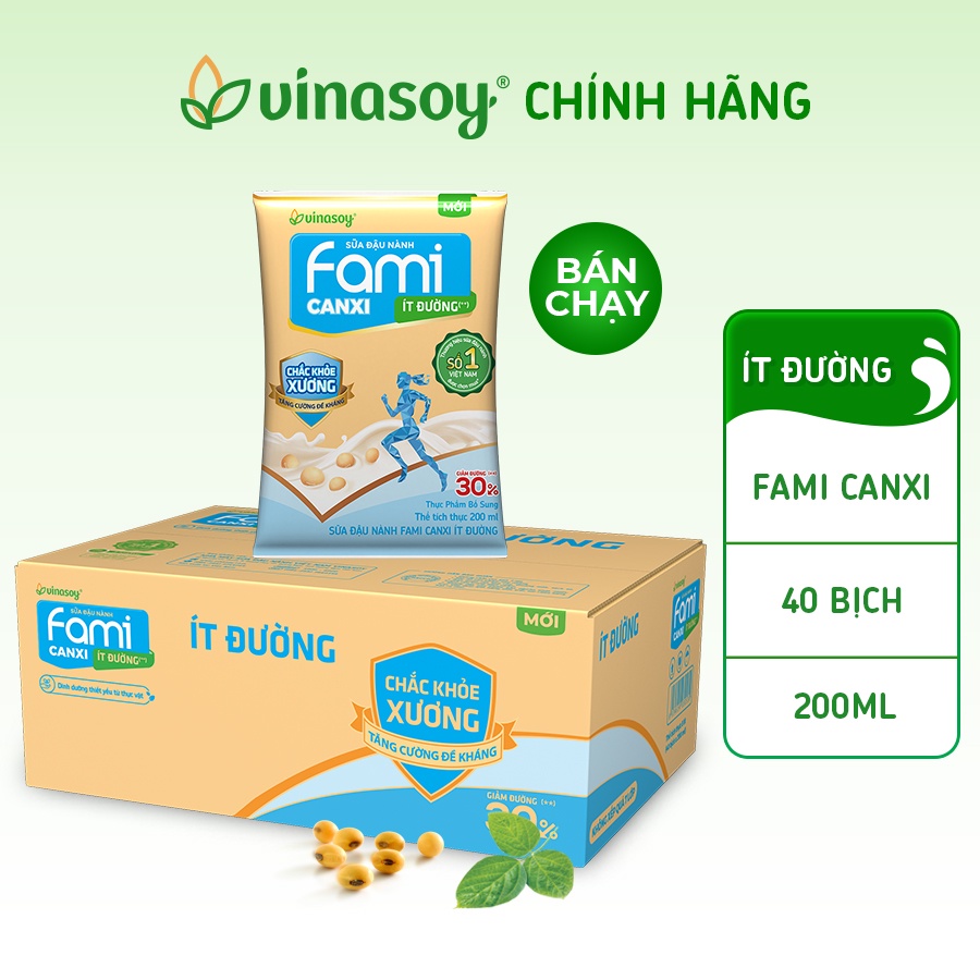 Thùng sữa đậu nành Fami Canxi ít đường (40 bịch x 200ml)