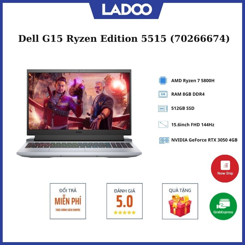 Laptop Dell G15 Ryzen Edition 5515 (70266674)/ Grey/ Ryzen 7 5800H/ RAM 8GB/ 512GB SSD/RTX 3050 4GB/15.6 Inch FHD/Win11H