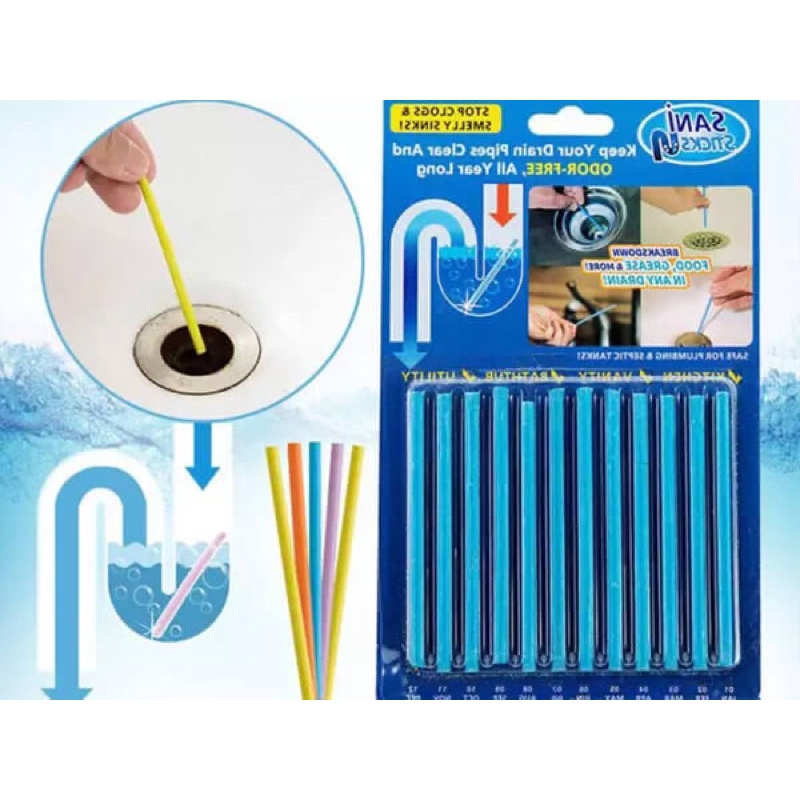 Que Chống Tắc Bồn Rửa Chén Bát, Rửa Mặt, Bồn Cầu SANI STICKS Vĩ 12Que - Loại Bỏ Cặn Bẩn, Thông Đường Ống Thoát Nước