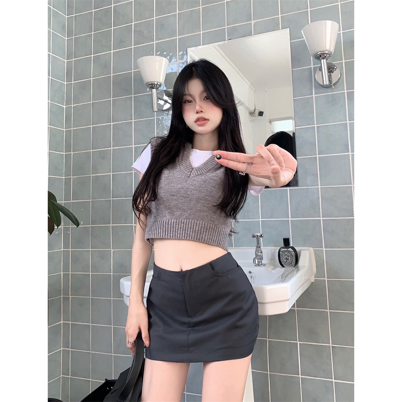 Xiaozhainv Áo crop top Dệt Kim Cổ Chữ V Phong Cách Hàn Quốc Có 3 Màu Lựa Chọn | BigBuy360 - bigbuy360.vn