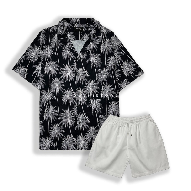 Áo sơ mi cộc tay DỪA ĐEN họa tiết unisex form rộng | DUYHI | Ảnh thật