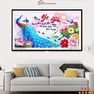 Tranh đính đá DD9895 (90cm x 45cm), tranh thêu chữ thập công gia đình hạnh phúc LV3429 (1m x 55cm)