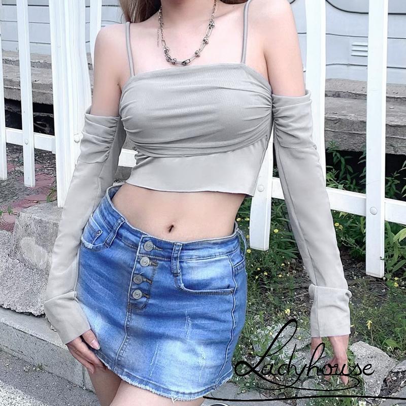 Áo Croptop Trễ Vai Tay Dài Phối Lưới Màu Trơn Thời Trang Xuân Hè Cho Nữ