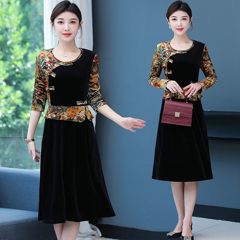 Đầm Nhung Dài Tay Phối Khóa Cài Thời Trang Cho Phụ Nữ Trung Niên