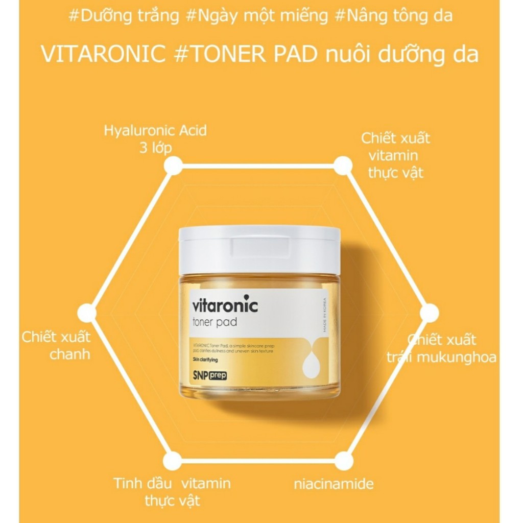Toner Dưỡng Trắng Da, Mờ Thâm Vitamin C, Hyaluronic Acid SNP Vitaronic Toner Pad SNP