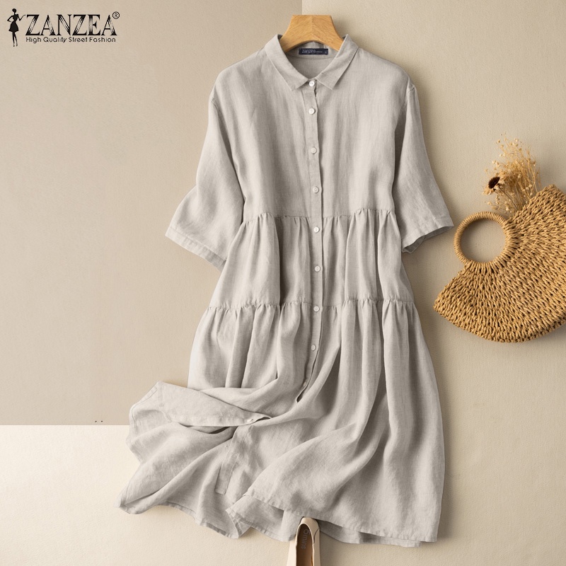 Đầm midi chữ A ZANZEA tay ngắn màu trơn có nút cài thời trang cho nữ
