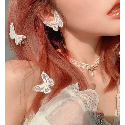 Set 4 bướm thêu trắng đa năng làm kẹp tóc dây chuyền khâu váy áo