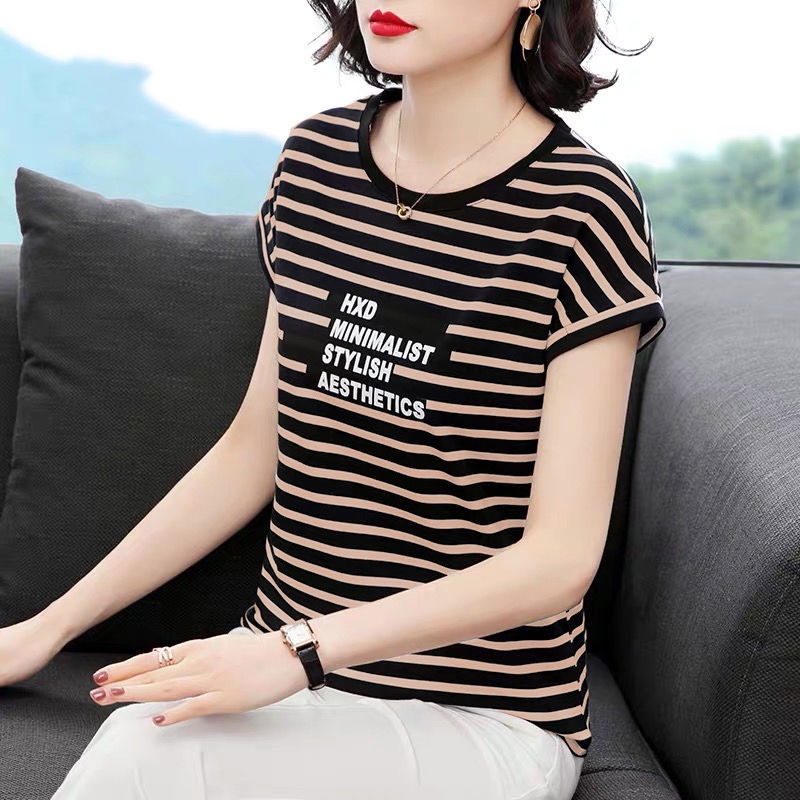 Áothun tay ngắn họa tiết kẻ sọc trắng đen thời trang cho phụ nữ trung niên