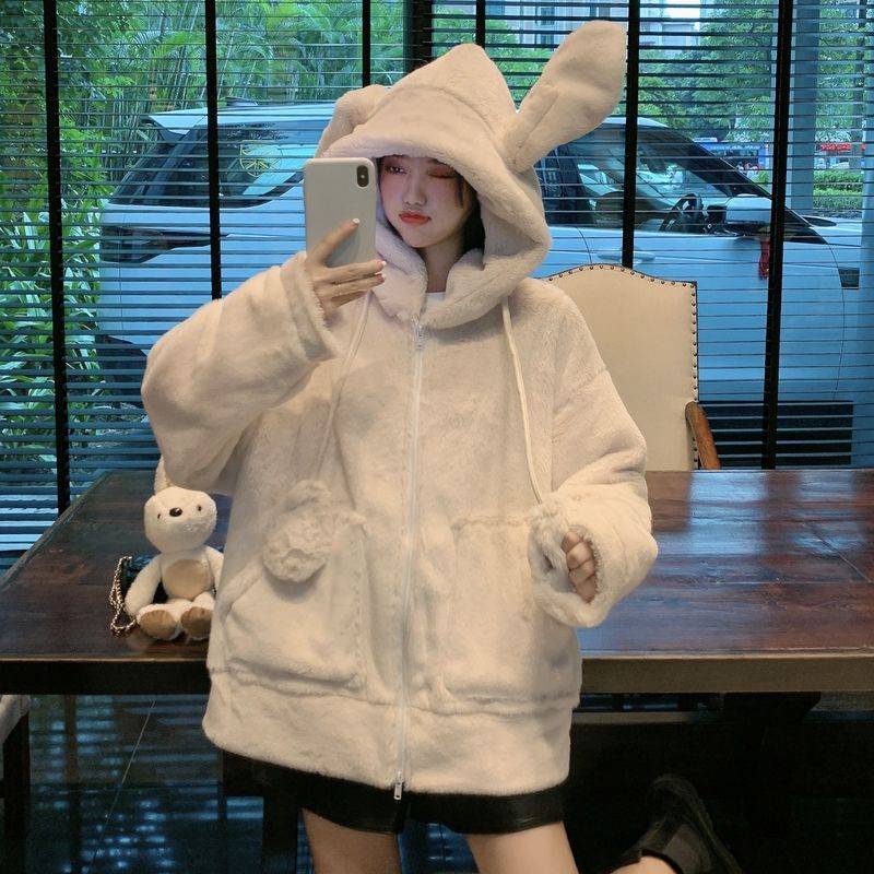 Áo Khoác Lông Tai Thỏ Dễ Thương Cho Nữ