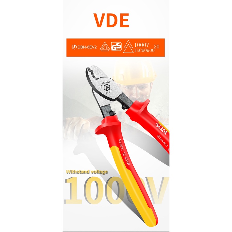 Kìm Cắt Cao Thế VDE 1000V Cách Điện, Cắt Cáp Điện LAOA, Model LA321106, thép Cr-Mo Chuyên Dụng