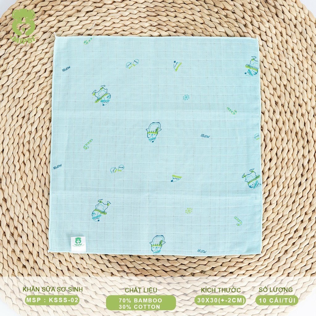 Khăn sữa sơ sinh Mipbi 2 lớp cotton mềm mại, kháng khuẩn KSSS02 (Túi 10 chiếc)