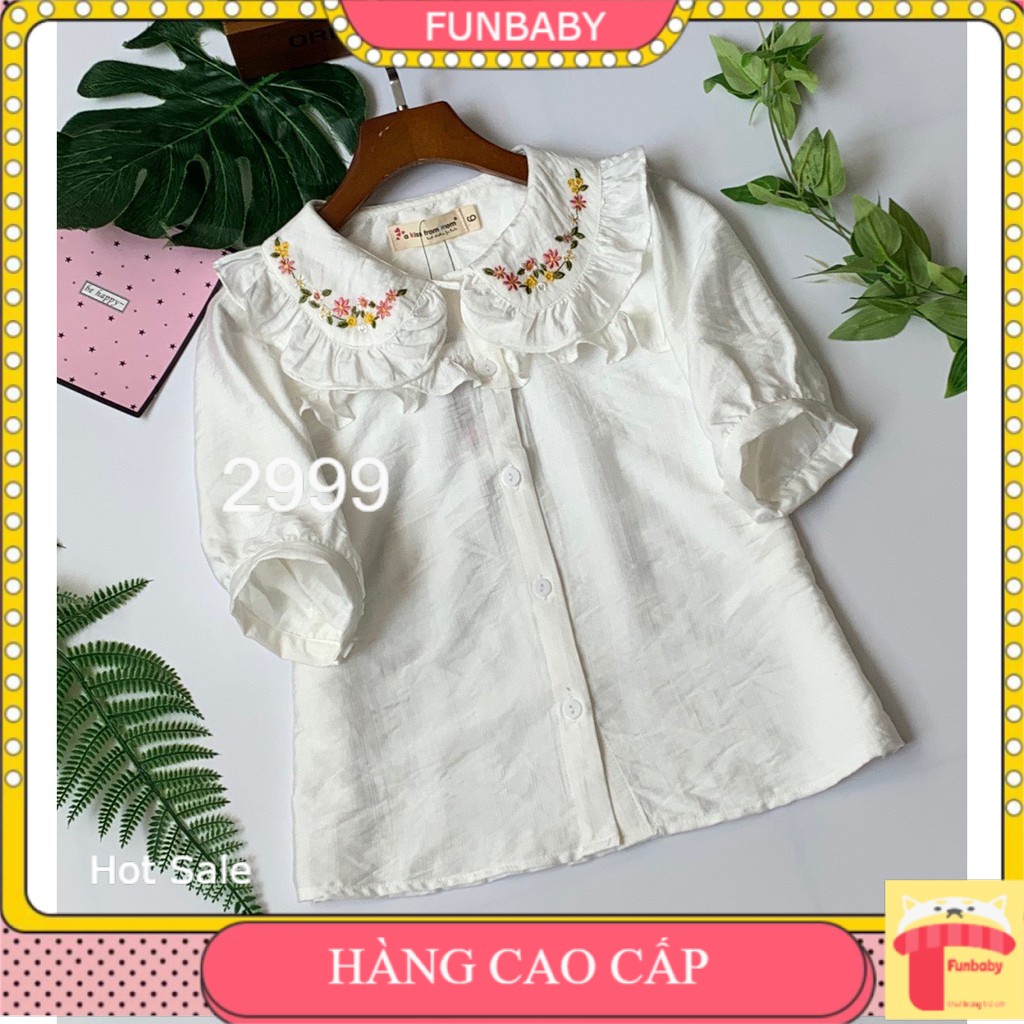 Áo sơ mi tay lỡ bé gái 6-12 tuổi thêu hoa, Sơ mi trắng cho bé vải thô đũi mềm mát