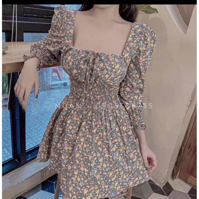 Váy Chun eo hoa nhí xanh vàng kèm video+ hình thật