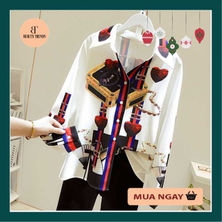 Sơ mi nữ tay dài lụa hàn quốc - sơ mi hoạ tiết form rộng hoạ tiết