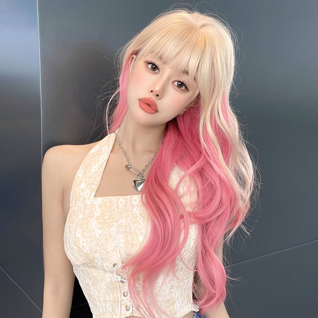Bộ Tóc Giả Dài Xoăn Gợn Sóng Màu Hồng Bạch Kim Phong Cách lolita Dành Cho Nữ