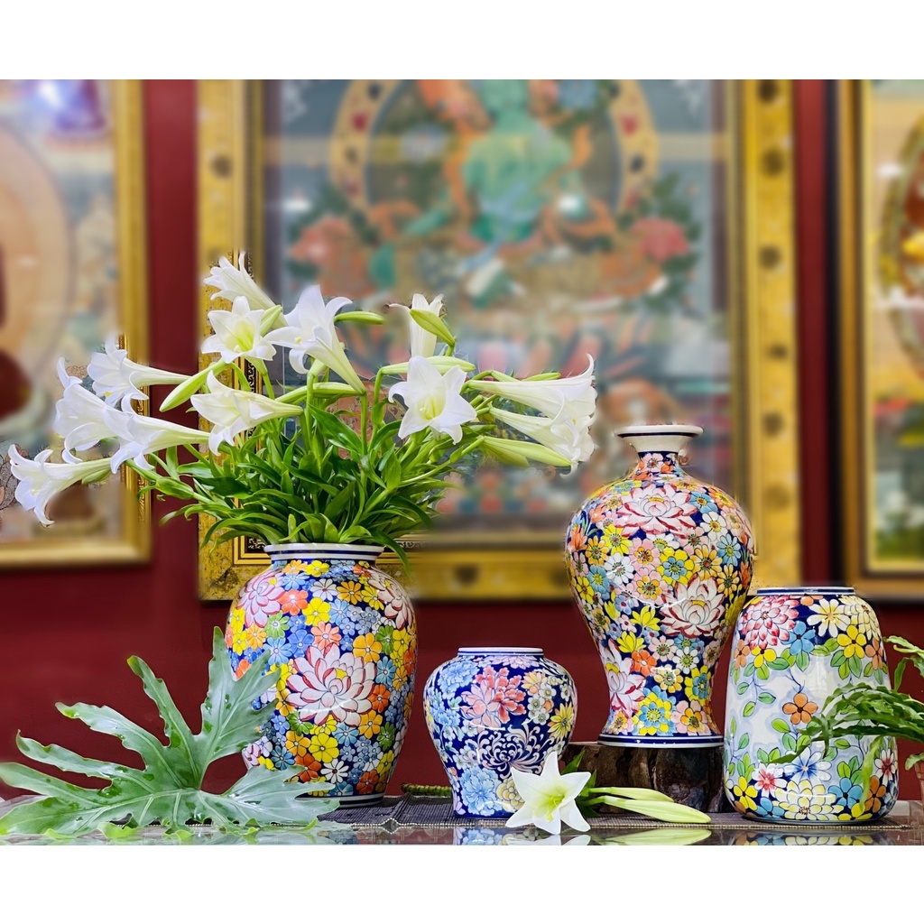 Bình hoa gốm Bát Tràng vẽ tay thủ công ngàn hoa BH02 Hieu Jade Decor