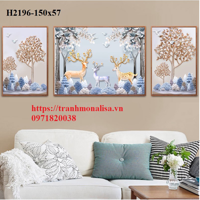 Tranh thêu kín Hươu nai tuần lộc phát tài bộ 3 bức 150x57 cm