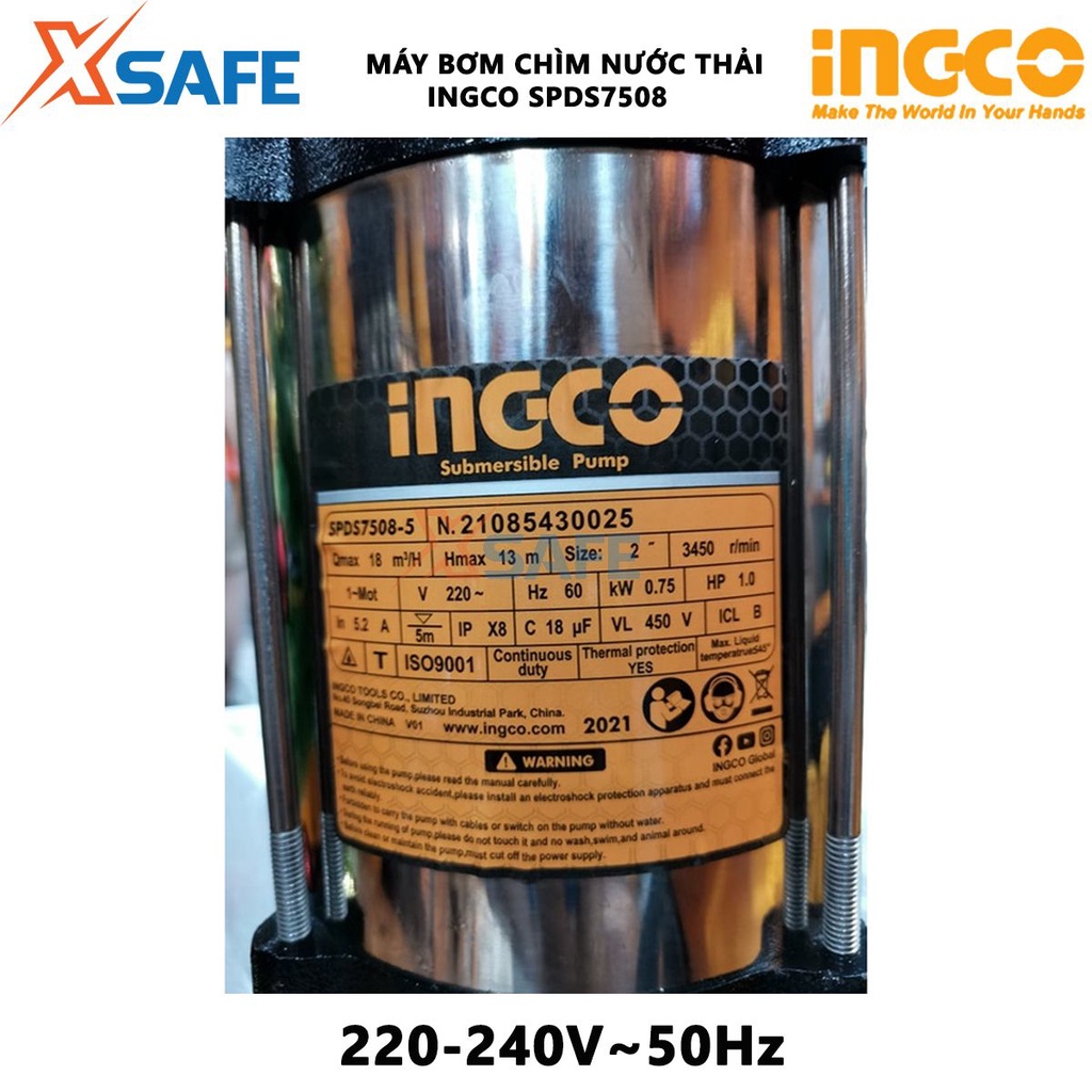 Máy bơm chìm nước thải INGCO SPDS7508 Máy bơm nước thải điện thế 220-240V~50Hz, công suất 750W(1.0HP) - Chính hãng