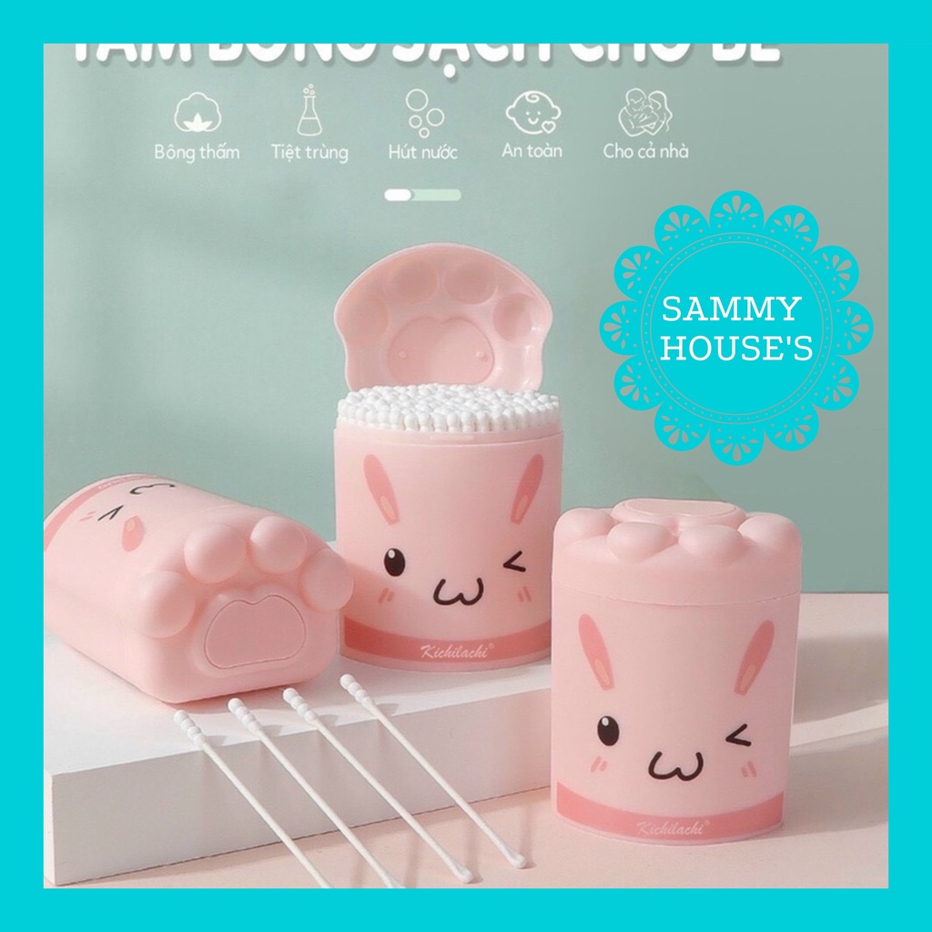 Tăm bông sơ sinh Hình Lợn Hồng Kichilachi thân giấy, bông ngoáy tai trẻ em hộp 200 que SAMMY HOUSE'S