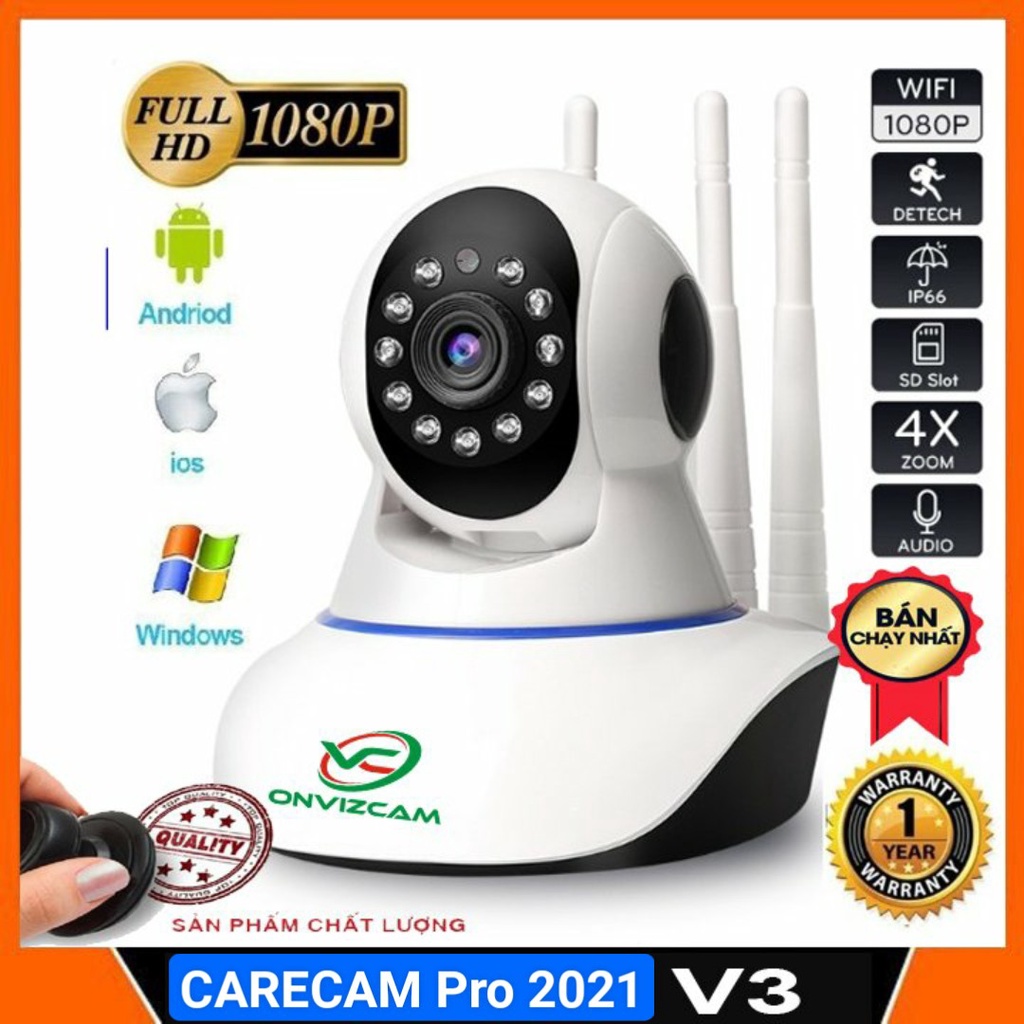 Camera Wifi CareCam 3 ănten 2.0Mpx phiên bản Ovizcam V3pro chạy APP: Carecam pro, Xoay 360 độ