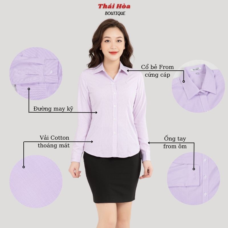 Áo sơ mi nữ màu tím dài tay công sở đẹp kẻ tăm caro chìm cotton Thái Hoà 631-11-01