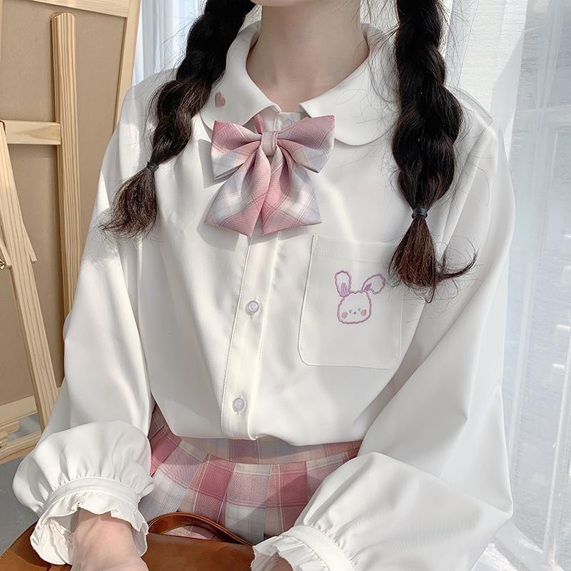 Seifuku/ JK/ Set váy đồng phục học sinh Nhật Bản: áo sơ mi cổ sen thêu thỏ + nơ + chân váy xòe xếp ly kẻ caro hồng đào