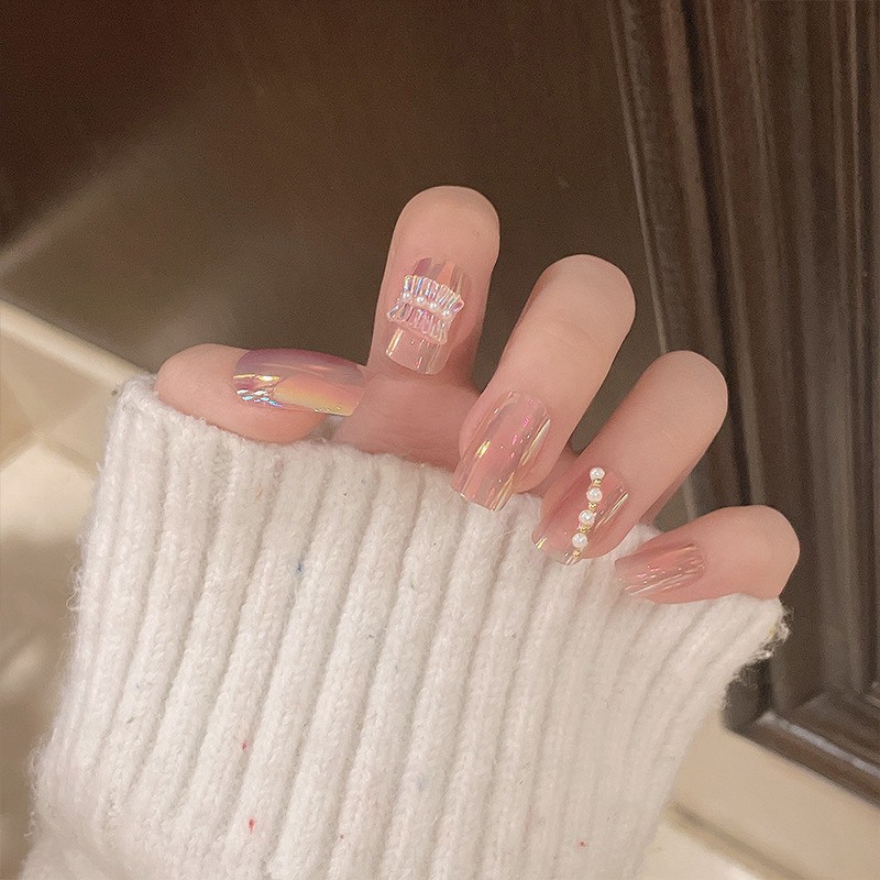 Set 24 móng tay giả tráng gương đính charm ngọc ánh kim đẹp lung linh NT01