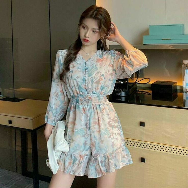 Hàng nhập - Jumpsuit ngắn voan lụa nút bọc, bộ jum đùi tay lỡ